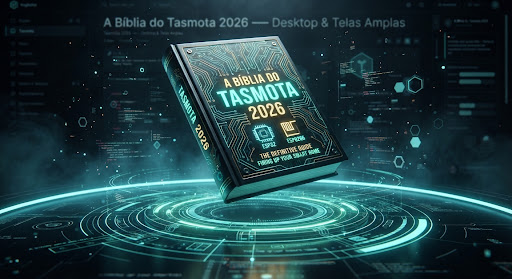 A futuristic 3D luxury hardcover technological book titled 'A Bíblia do Tasmota 2026', floating above a luminous cyan and emerald holographi