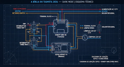 Technical electrical wiring schematic vector diagram on a dark blueprint grid, showcasing a smart relay Sonoff Mini and ESP32 connected to t