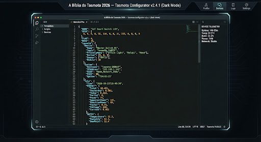 Futuristic dark programming code console showing clean JSON template code for IoT smart switch hardware, highlighted syntax with emerald gre
