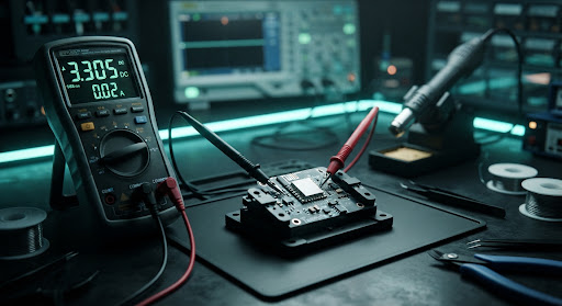 Close up photography of precision electronic multimeter measuring voltage and current of a smart plug microchip on a cybernetic test bench w