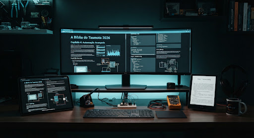 Modern technical workplace setup showing an iPad Pro, an e-reader tablet, and an ultra-wide desktop monitor simultaneously displaying the hi